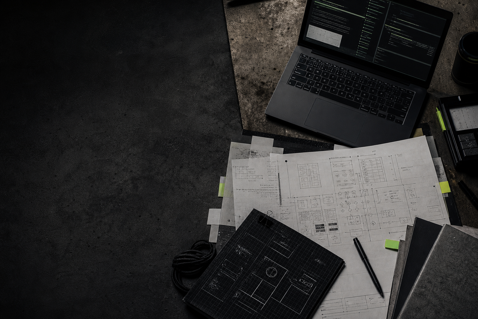 Arbeitsfläche mit Systemkarten, Notizbuch und technischem Setup