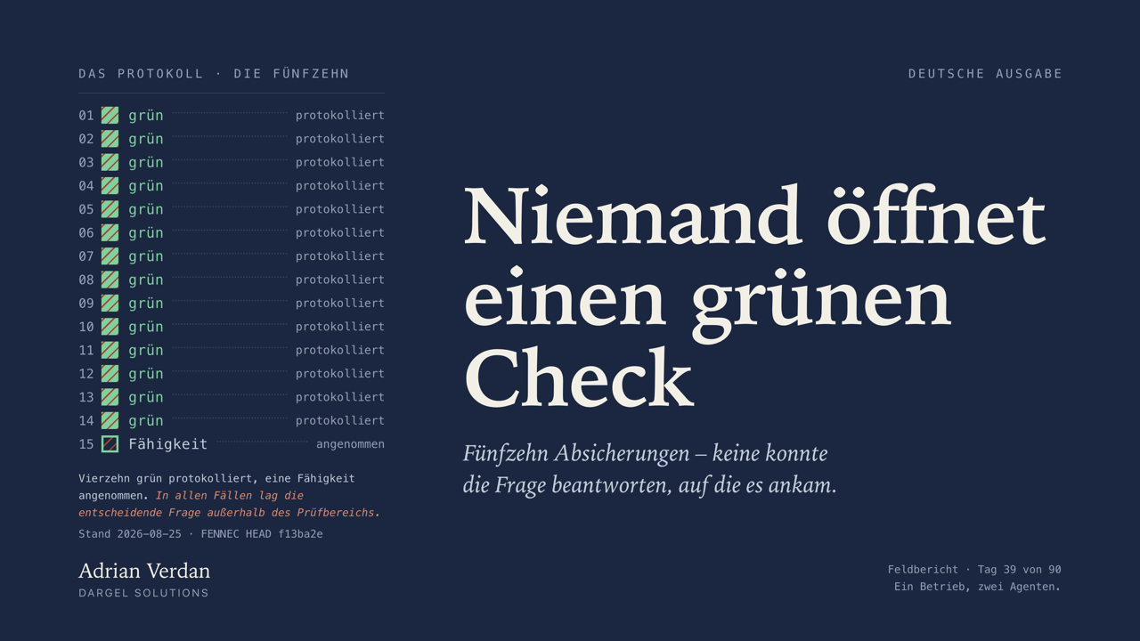 Cover von „Niemand öffnet einen grünen Check“ – vierzehn grün protokollierte Zeilen und eine angenommene Fähigkeit in einem dunklen Feld