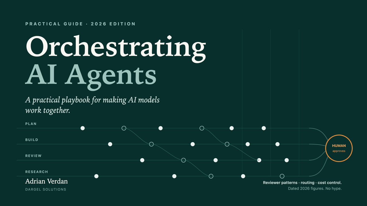Cover of Orchestrating AI Agents — score motif in dark petrol with an amber approval ring